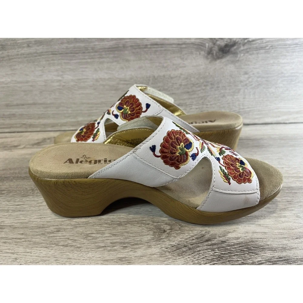 Alegria Womens Lin-600N Floral Embroidered Leather Sandals White Sz 38‎ Sz 8
